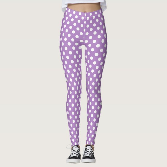 White Polka Dots on Thistle Purple Leggings (Front)