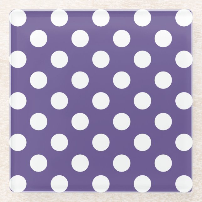 White polka dots on ultra violet glass coaster (Front)