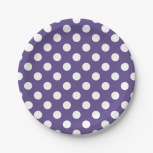 White polka dots on ultra violet paper plate
