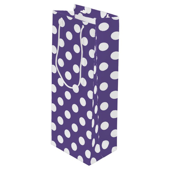 White polka dots on ultra violet wine gift bag (Front Angled)