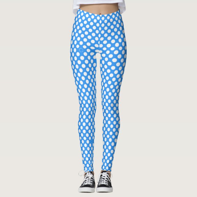 White polka dots pattern on aqua Blue Leggings (Front)