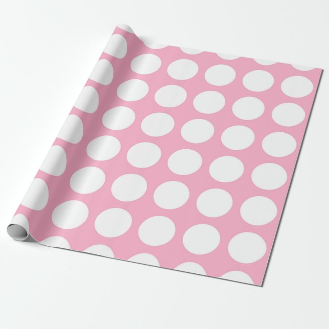 White Polka Dots Pink Wrapping Paper (Unrolled)