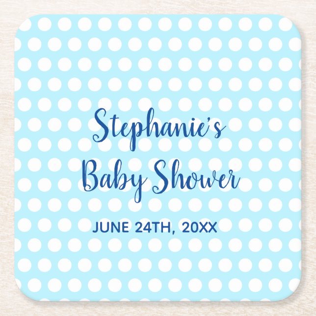 White Polka Dots Teal Blue Girl Boy Baby Shower Square Paper Coaster (Front)