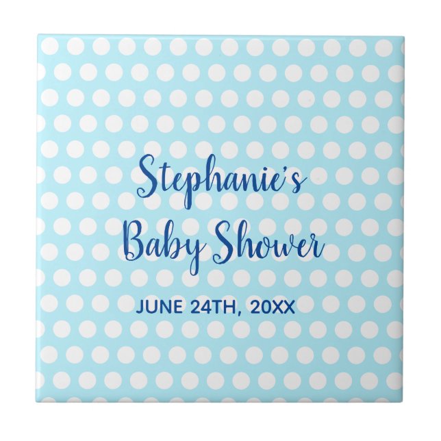 White Polka Dots Teal Blue Girl Boy Baby Shower Tile (Front)
