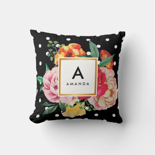 WHITE polka dots Watercolor Peony Flowers Monogram Cushion (Front)