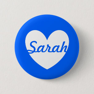 White polka hearts on blue 6 cm round badge