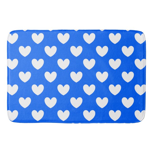 White polka hearts on blue bath mat (Front)