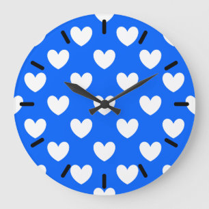 White polka hearts on blue large clock