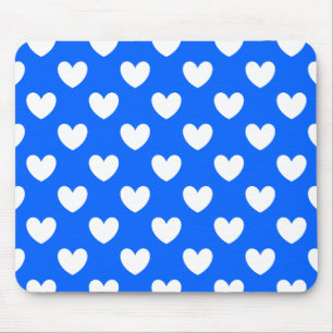 White polka hearts on blue mouse mat