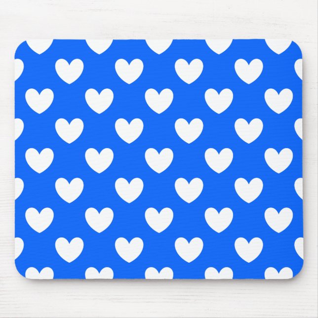 White polka hearts on blue mouse mat (Front)