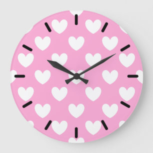 White polka hearts on Cotton Candy Pink Large Clock