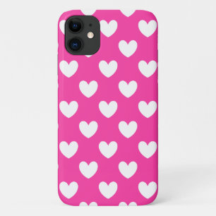White polka hearts on fuchsia pink iPhone 11 case