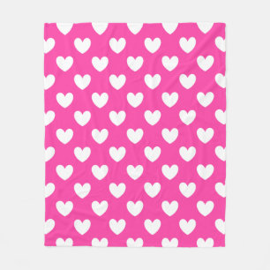 White polka hearts on fuchsia pink fleece blanket