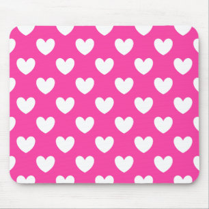 White polka hearts on fuchsia pink mouse mat