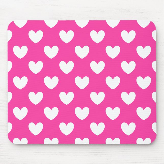 White polka hearts on fuchsia pink mouse mat (Front)