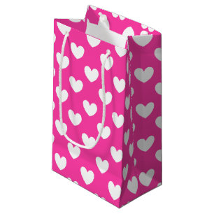 White polka hearts on fuchsia pink small gift bag