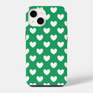 White polka hearts on Kelly green iPhone 14 Case