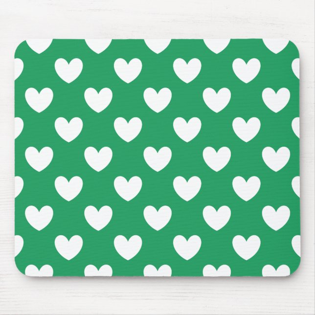 White polka hearts on Kelly green Mouse Mat (Front)