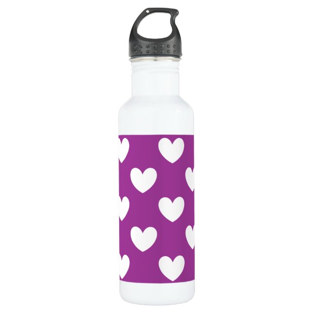 White polka hearts on Purple Cactus Flower purple 710 Ml Water Bottle (Front)
