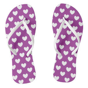 White polka hearts on purple flip flops