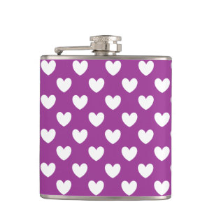 White polka hearts on purple hip flask