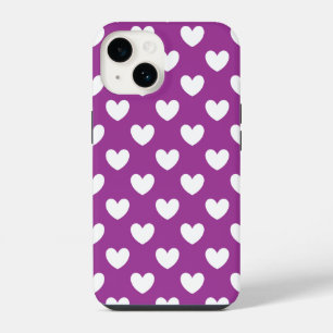 White polka hearts on purple iPhone 14 case