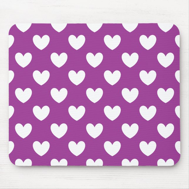 White polka hearts on purple mouse mat (Front)