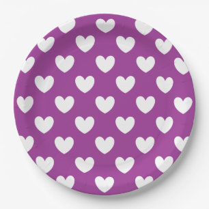 White polka hearts on purple paper plate