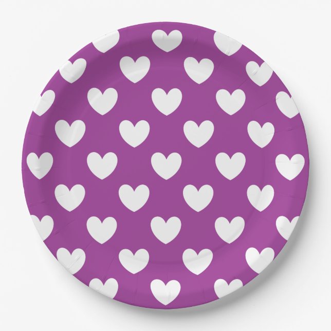 White polka hearts on purple paper plate (Front)