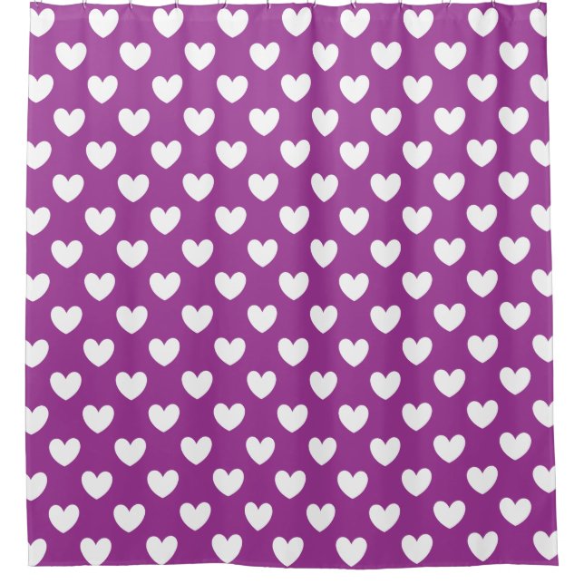White polka hearts on purple shower curtain (Front)