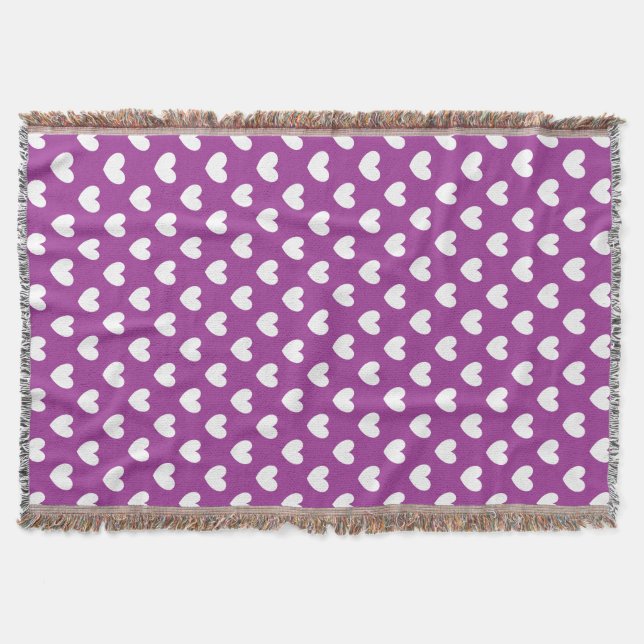 White polka hearts on purple throw blanket (Front)