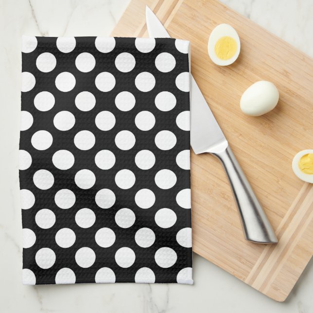 White Polkadot over Black Background 2 Tea Towel (Quarter Fold)