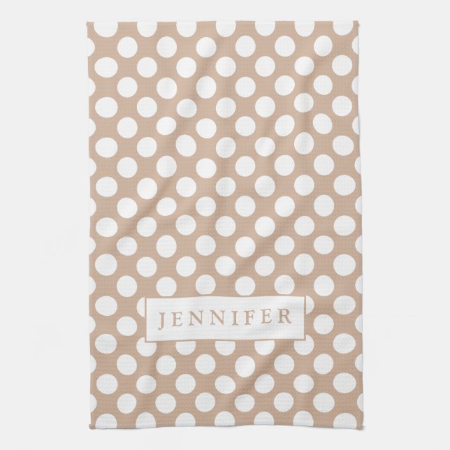 White Polkadot over Tan Background Tea Towel (Vertical)