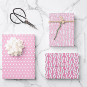 White Polkadots Chevron Stripes Baby Pink Wrapping Paper Sheet