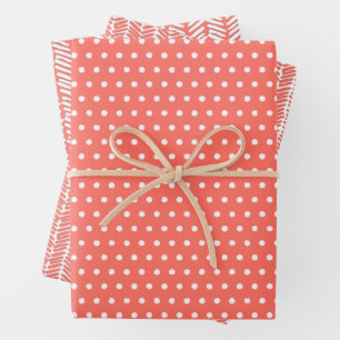 White Polkadots Chevron Stripes Summer Coral Red Wrapping Paper Sheet