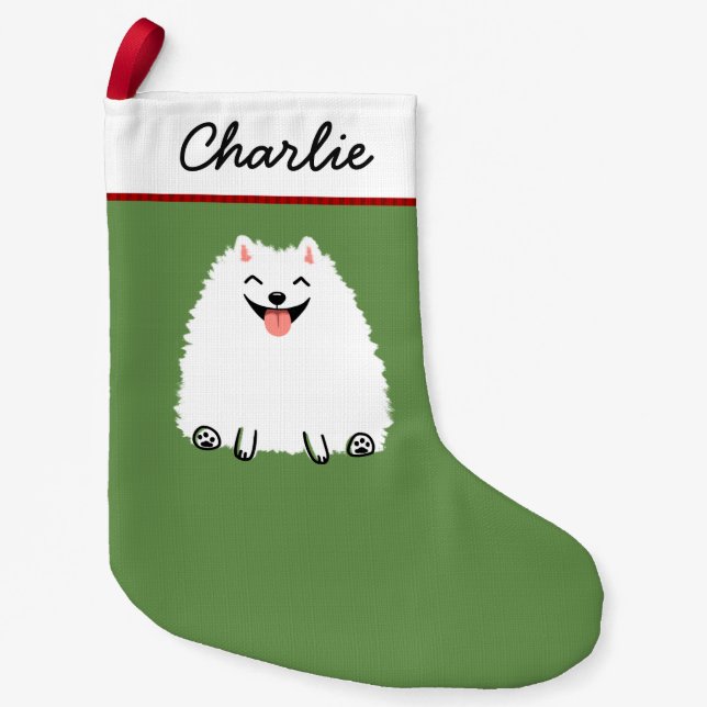 White Pomeranian Cartoon Dog Cute Pommie Xmas Small Christmas Stocking (Front)