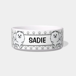 White Pomeranian Cute Cartoon Dog & Name Bowl