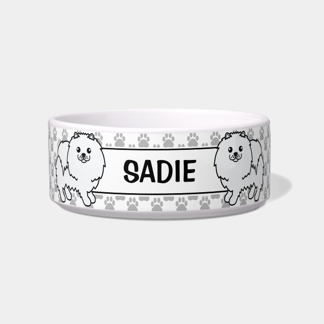 White Pomeranian Cute Cartoon Dog & Name Bowl (Front)