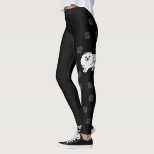 White Pomeranian Cute Cartoon Dog & Paws Leggings