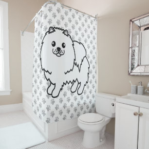 White Pomeranian Cute Cartoon Dog & Paws Shower Curtain