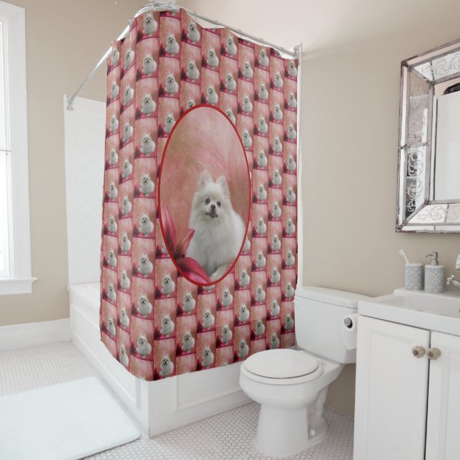 White Pomeranian Dog Flowers Animal Shower Curtain (In Situ)