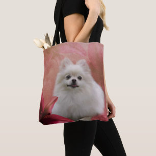 White Pomeranian Dog Flowers Animal    Tote Bag