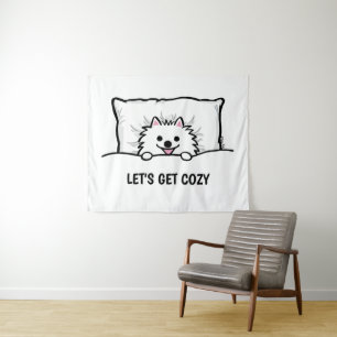 White Pomeranian Dog Let's Get Cosy Cute Pom Tapestry