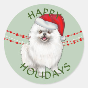 White Pomeranian Dog Santa Hat Happy Holidays Classic Round Sticker