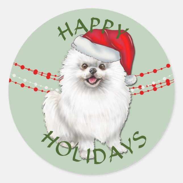 White Pomeranian Dog Santa Hat Happy Holidays Classic Round Sticker (Front)
