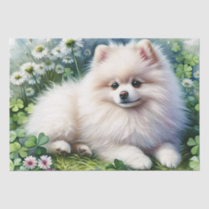 White Pomeranian Dog Watercolor Clover Decoupage Tissue Paper