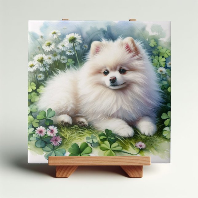White Pomeranian Dog Watercolor Clover Field Tile (Creator Uploaded)