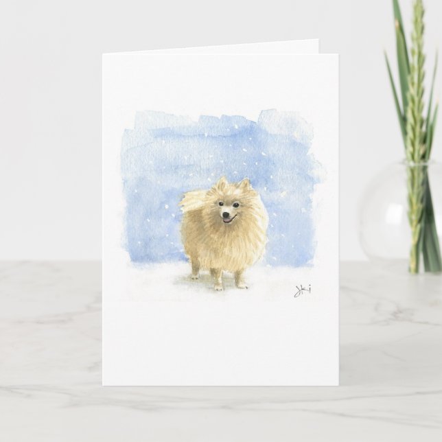 White Pomeranian Eskie Dog in the Winter Snow Holiday Card (Front)