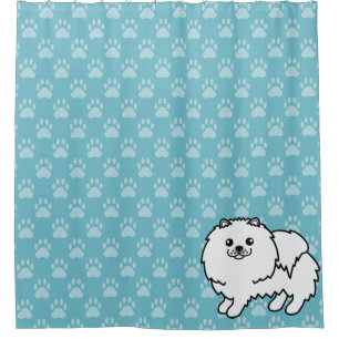 White Pomeranian On Blue And Dog Paws Shower Curtain