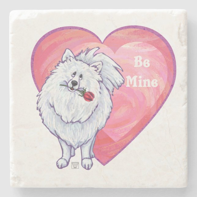 White Pomeranian Valentine's Day Stone Coaster (Front)